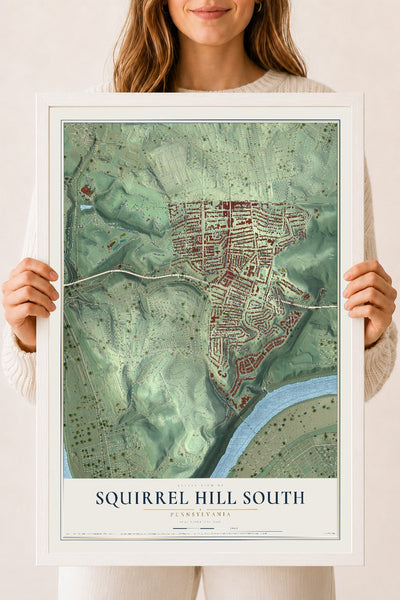 Map of Squirrel Hill South, Pennsylvania, 18 x 24 inch print in a white wood frame