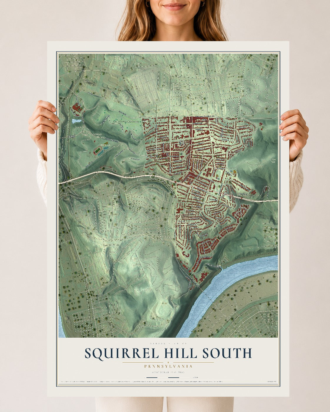 Map of Squirrel Hill South, Pennsylvania, 24 x 36 inch unframed archival matte print
