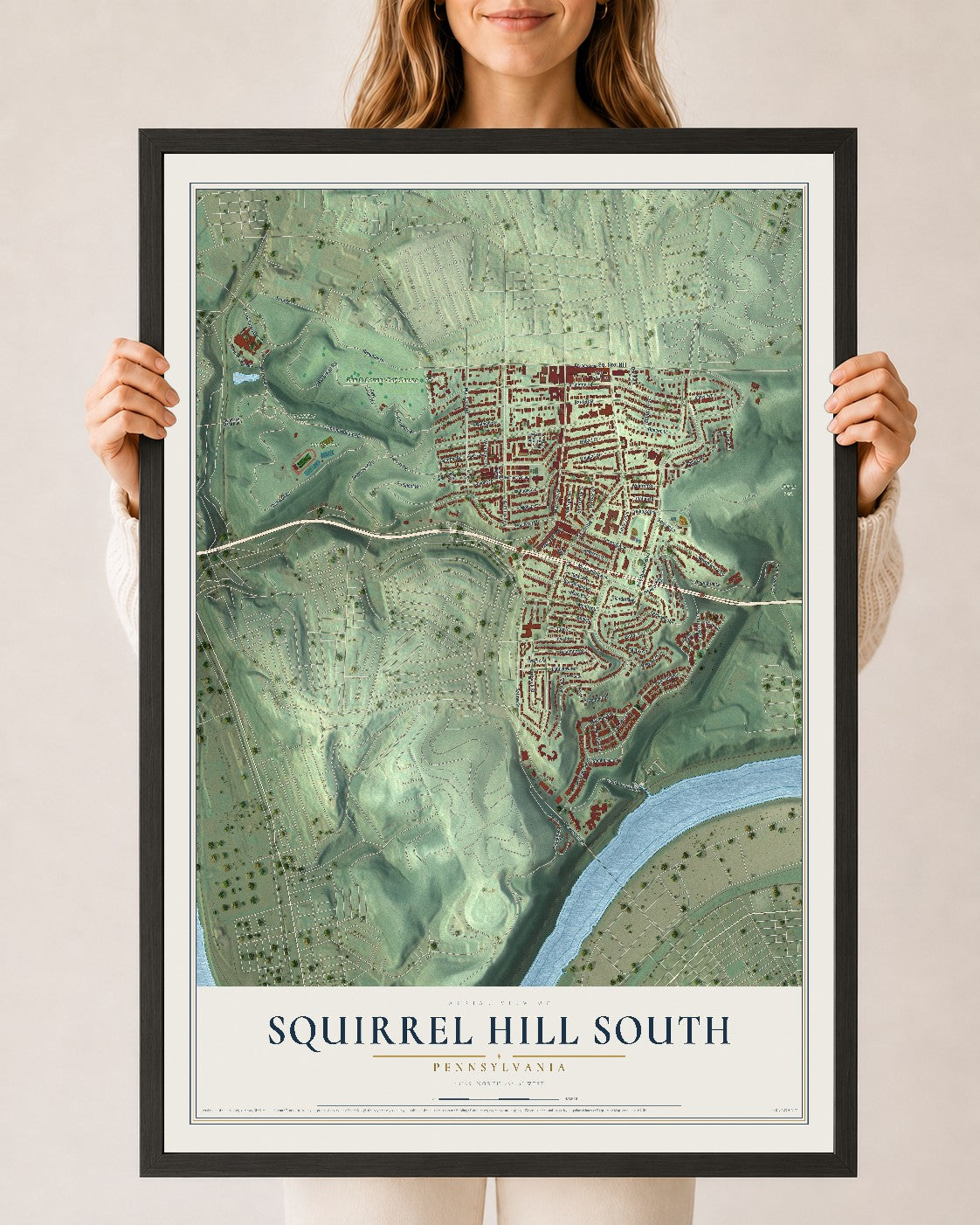 Map of Squirrel Hill South, Pennsylvania, 24 x 36 inch print in a black wood frame