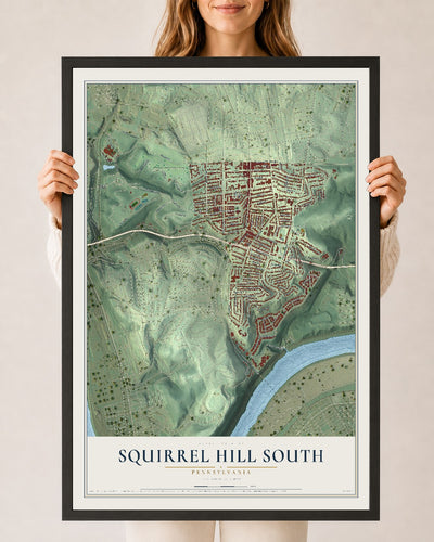 Map of Squirrel Hill South, Pennsylvania, 24 x 36 inch print in a black wood frame