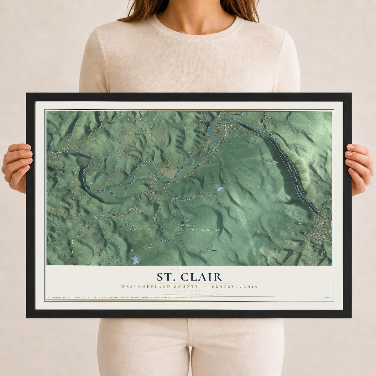 Map of St. Clair, Westmoreland County, Pennsylvania, 12 x 18 inch print in a black wood frame