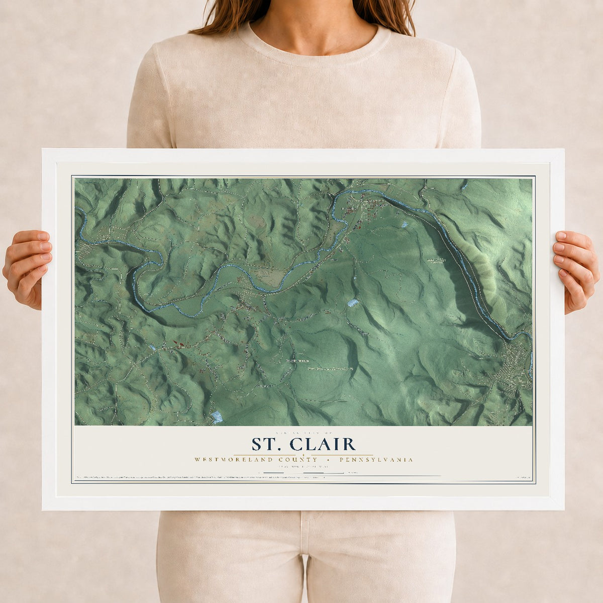 Map of St. Clair, Westmoreland County, Pennsylvania, 12 x 18 inch print in a white wood frame