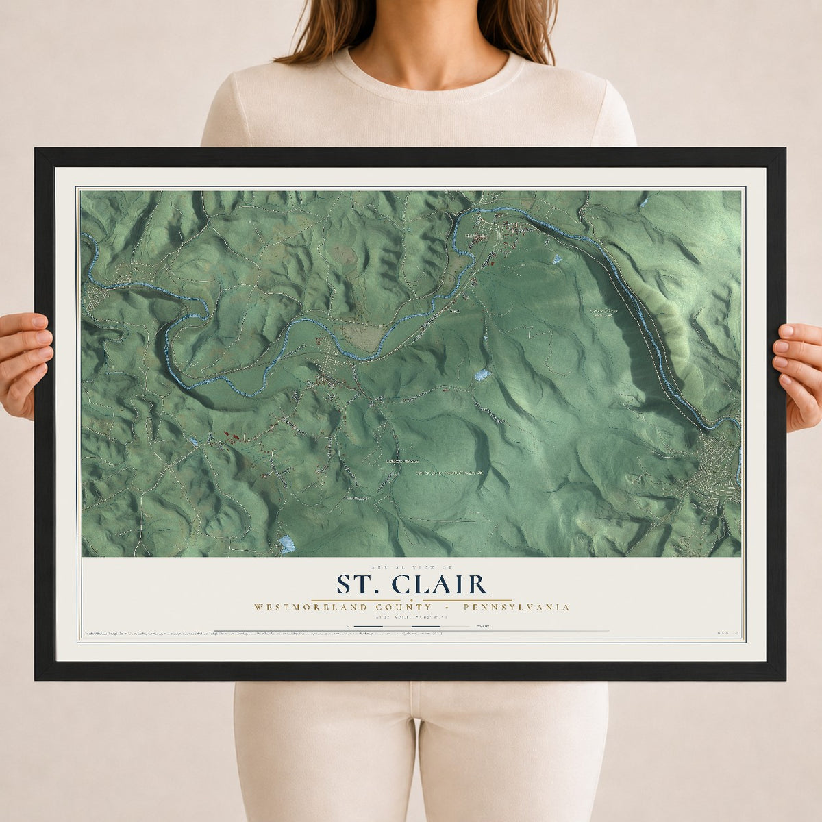 Map of St. Clair, Westmoreland County, Pennsylvania, 18 x 24 inch print in a black wood frame