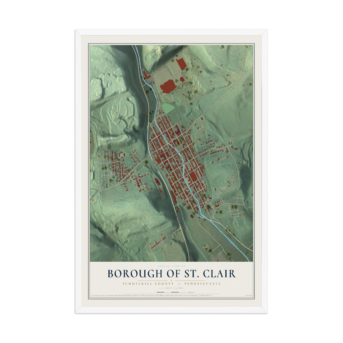 Map of the Borough of St. Clair, Schuylkill County, Pennsylvania, 12 x 18 inch print in a white wood frame