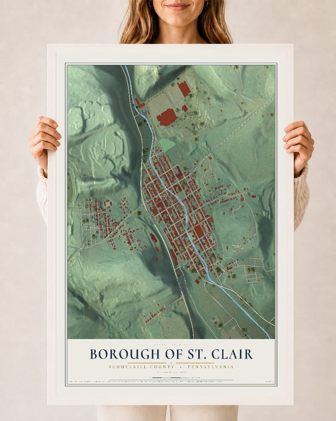 Map of the Borough of St. Clair, Schuylkill County, Pennsylvania, 24 x 36 inch print in a white wood frame
