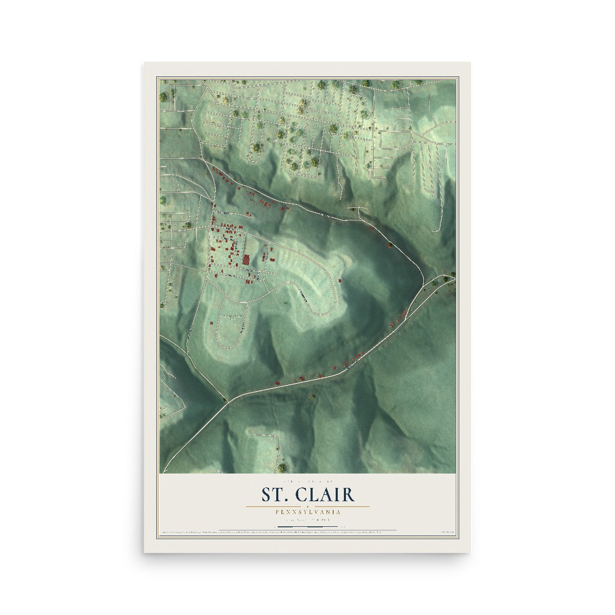 Map of St. Clair, Pennsylvania, 12 x 18 inch unframed archival matte print
