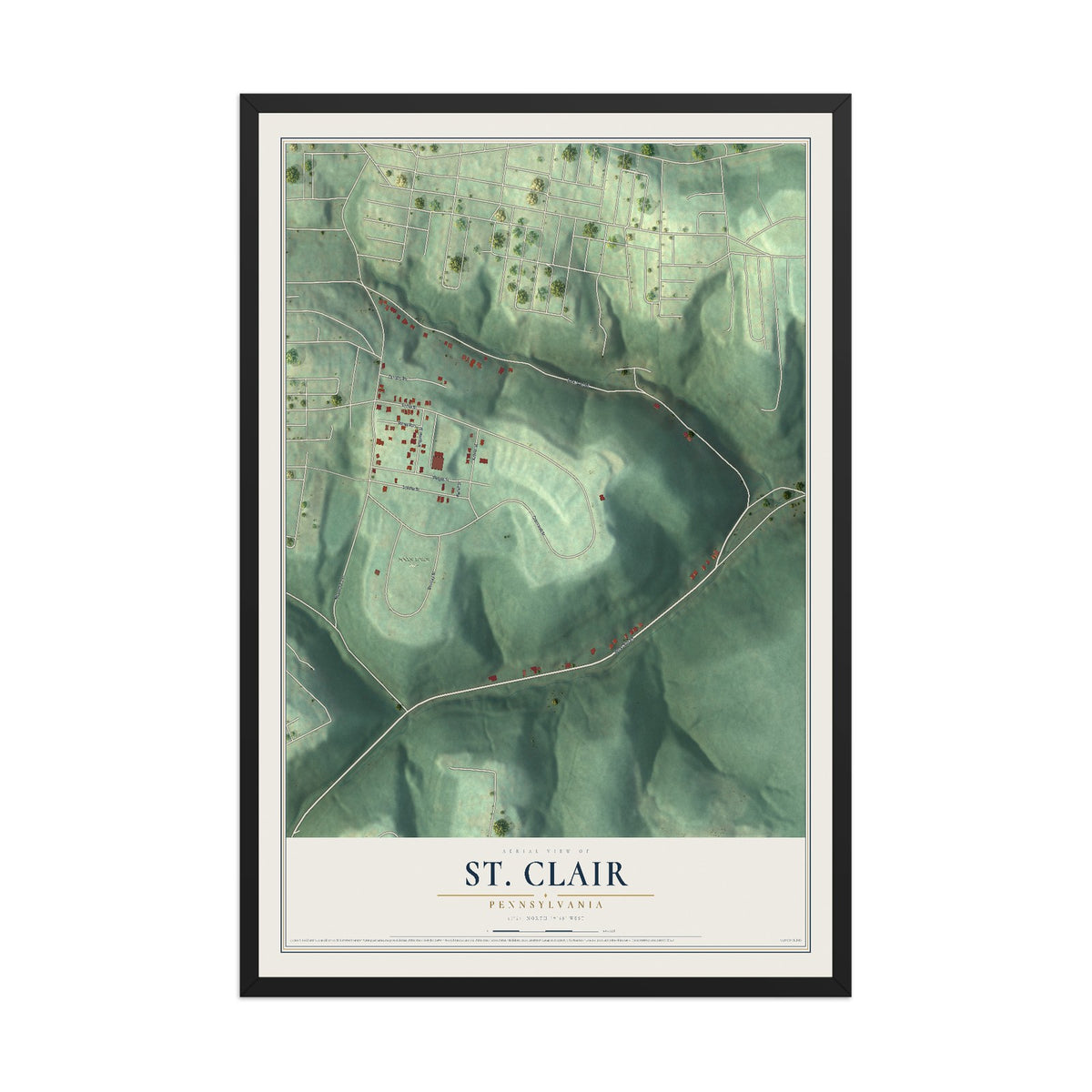 Map of St. Clair, Pennsylvania, 12 x 18 inch print in a black wood frame