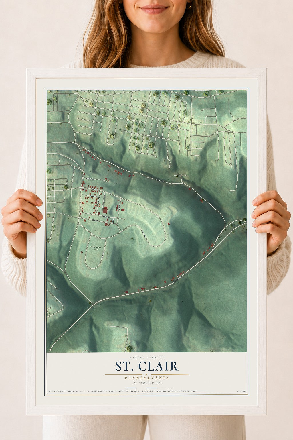 Map of St. Clair, Pennsylvania, 18 x 24 inch print in a white wood frame