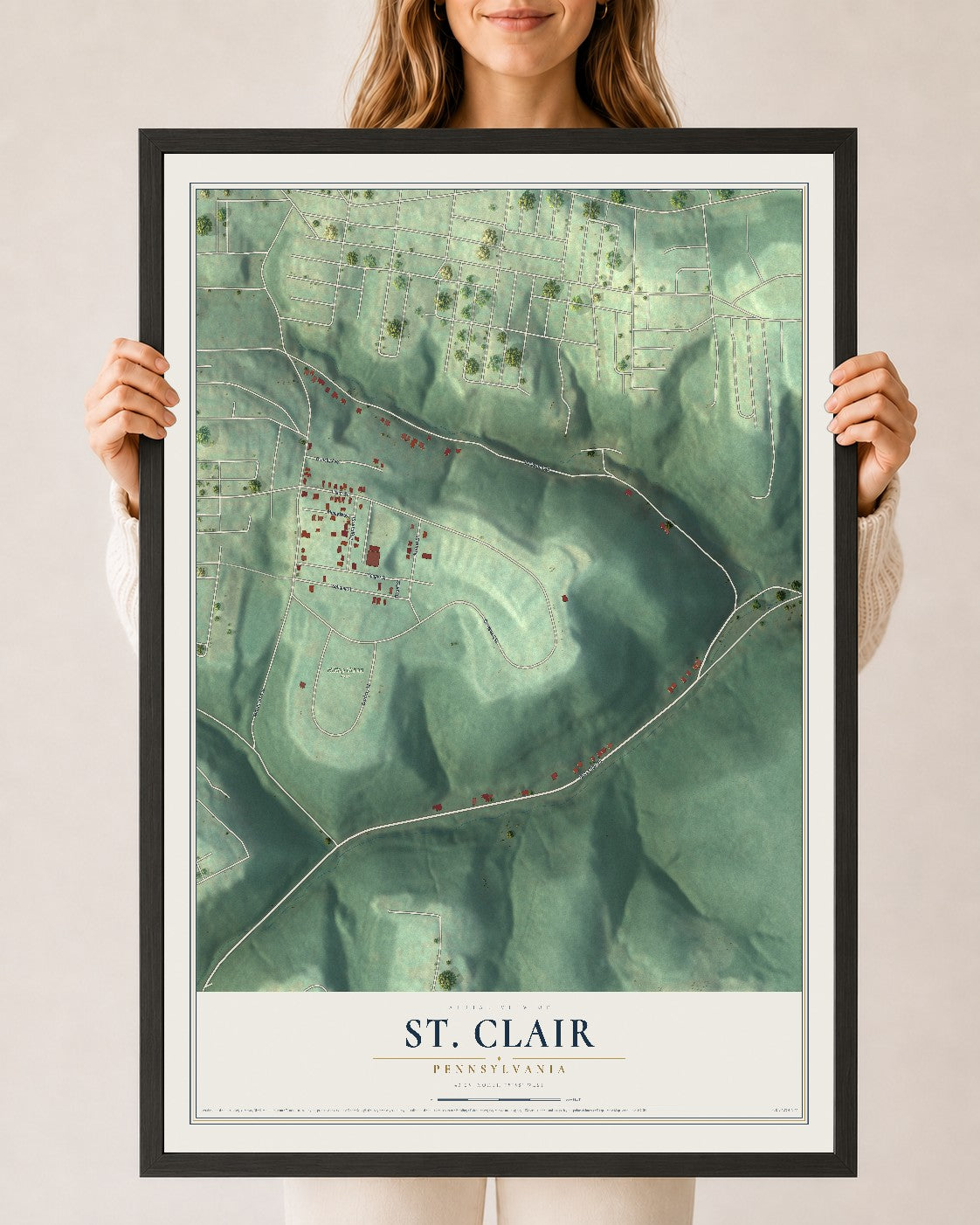Map of St. Clair, Pennsylvania, 24 x 36 inch print in a black wood frame