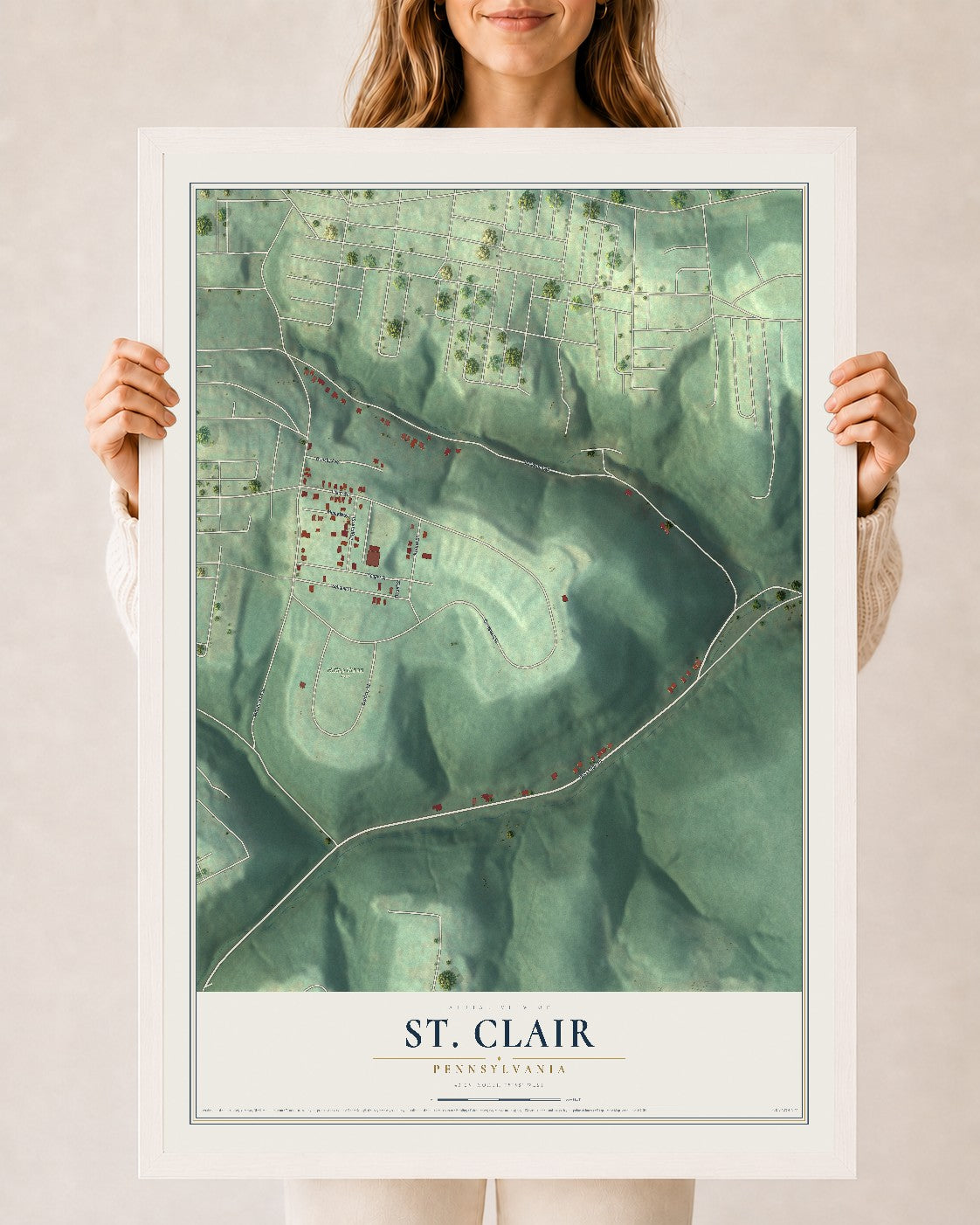 Map of St. Clair, Pennsylvania, 24 x 36 inch print in a white wood frame