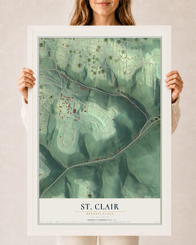 Map of St. Clair, Pennsylvania, 24 x 36 inch print in a white wood frame