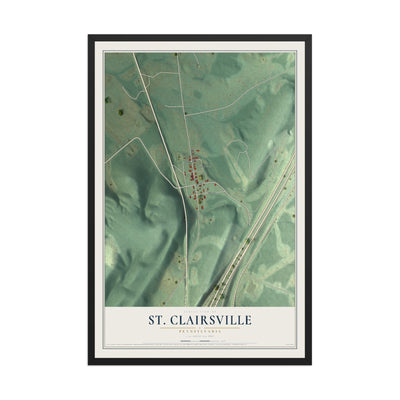 Map of St. Clairsville, Pennsylvania, 12 x 18 inch print in a black wood frame