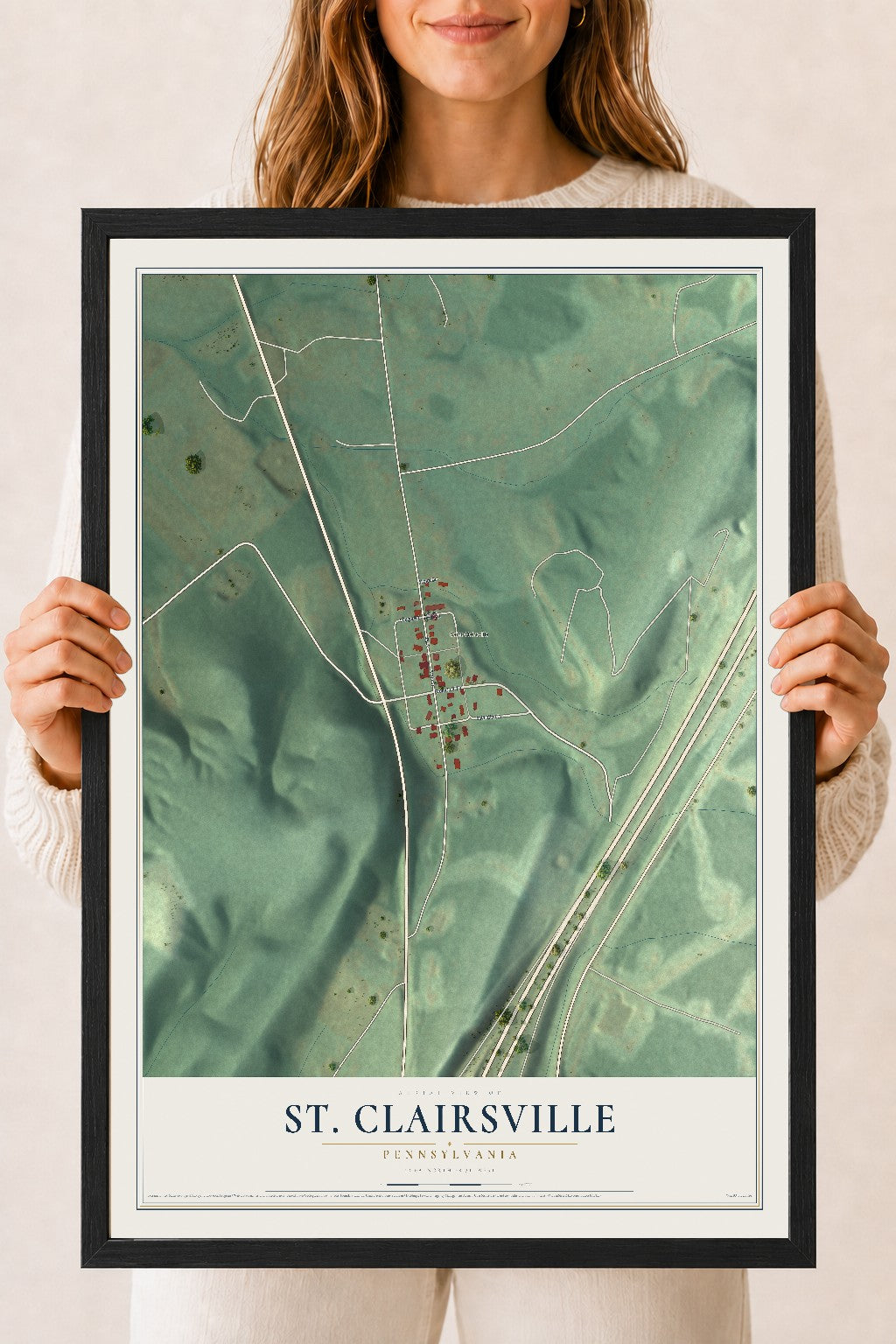 Map of St. Clairsville, Pennsylvania, 18 x 24 inch print in a black wood frame