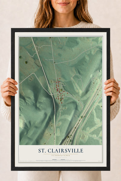 Map of St. Clairsville, Pennsylvania, 18 x 24 inch print in a black wood frame