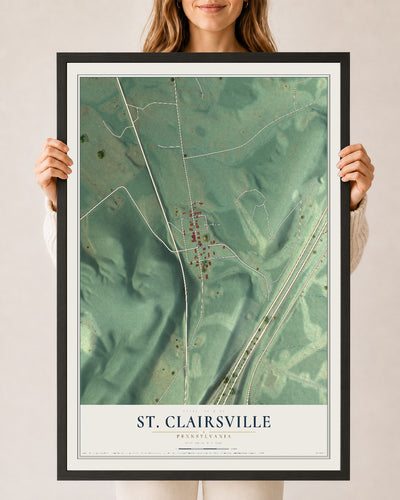 Map of St. Clairsville, Pennsylvania, 24 x 36 inch print in a black wood frame