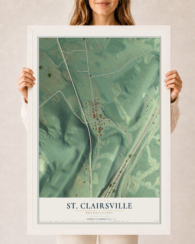 Map of St. Clairsville, Pennsylvania, 24 x 36 inch print in a white wood frame