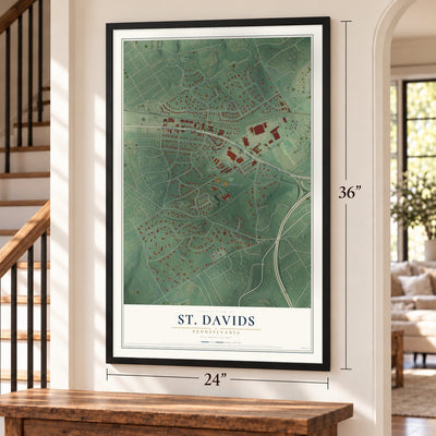 St. Davids, Pennsylvania map, 24 x 36 inch print in a black frame by a staircase