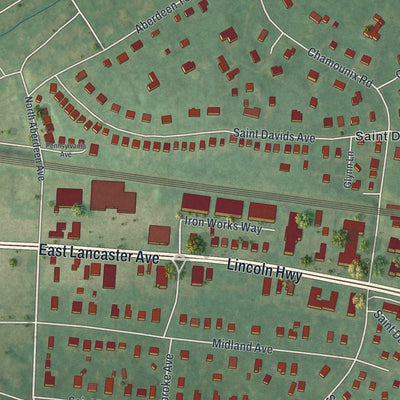 Close-up of the map of St. Davids, Pennsylvania print showing street and building detail