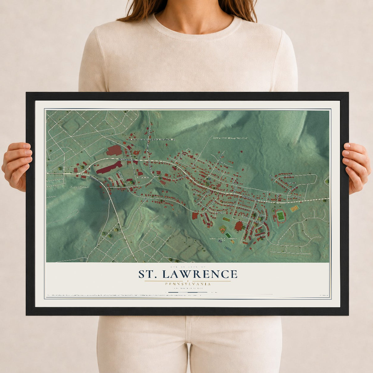 Map of St. Lawrence, Pennsylvania, 12 x 18 inch print in a black wood frame
