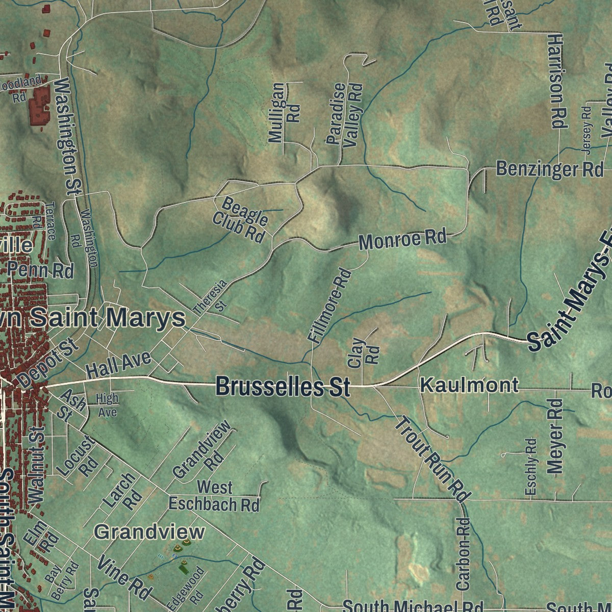 Close-up of the map of St. Marys, Pennsylvania print showing street and building detail