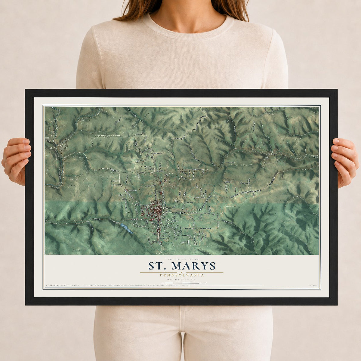 Map of St. Marys, Pennsylvania, 12 x 18 inch print in a black wood frame