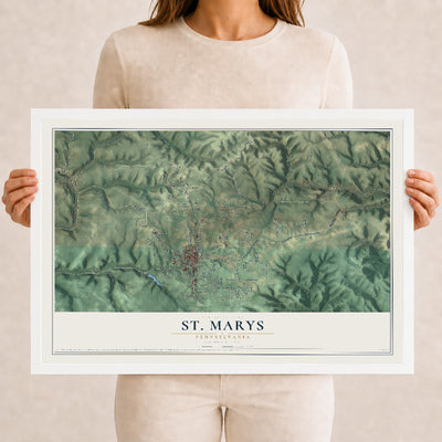 Map of St. Marys, Pennsylvania, 12 x 18 inch print in a white wood frame