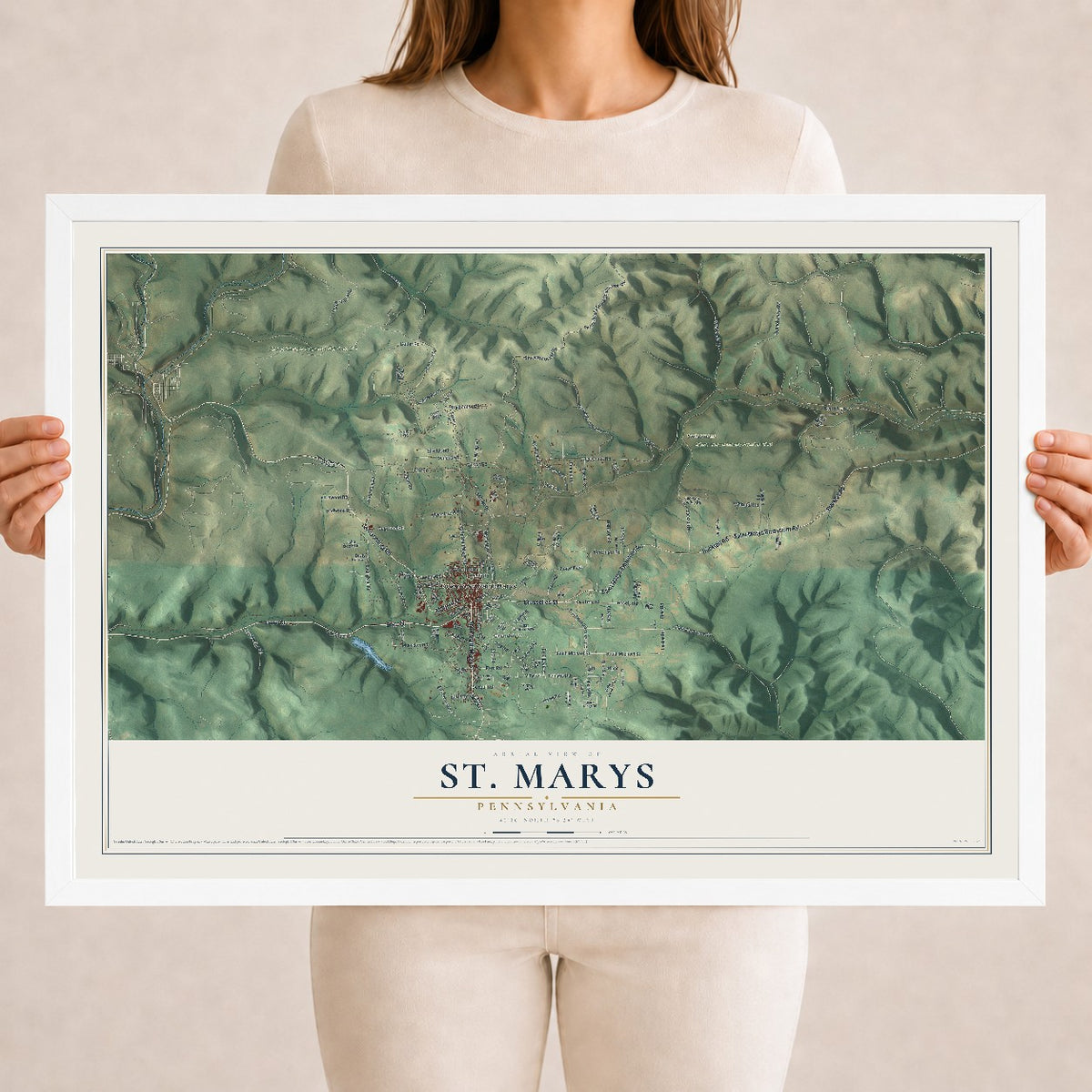 Map of St. Marys, Pennsylvania, 18 x 24 inch print in a white wood frame