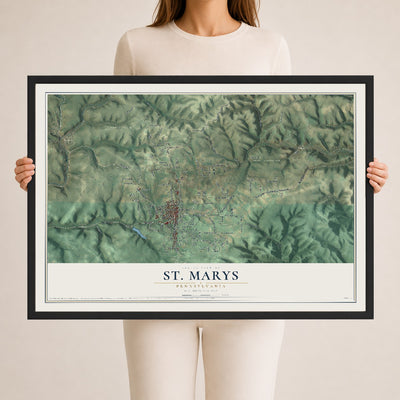 Map of St. Marys, Pennsylvania, 24 x 36 inch print in a black wood frame