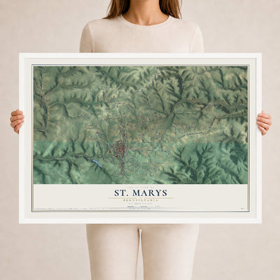 Map of St. Marys, Pennsylvania, 24 x 36 inch print in a white wood frame