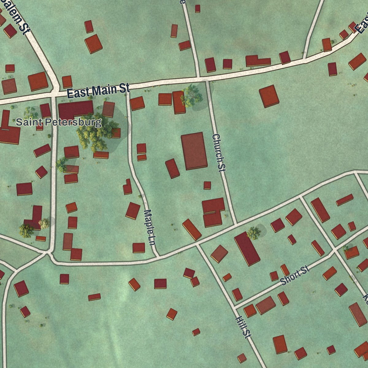 Close-up of the map of St. Petersburg, Pennsylvania print showing street and building detail