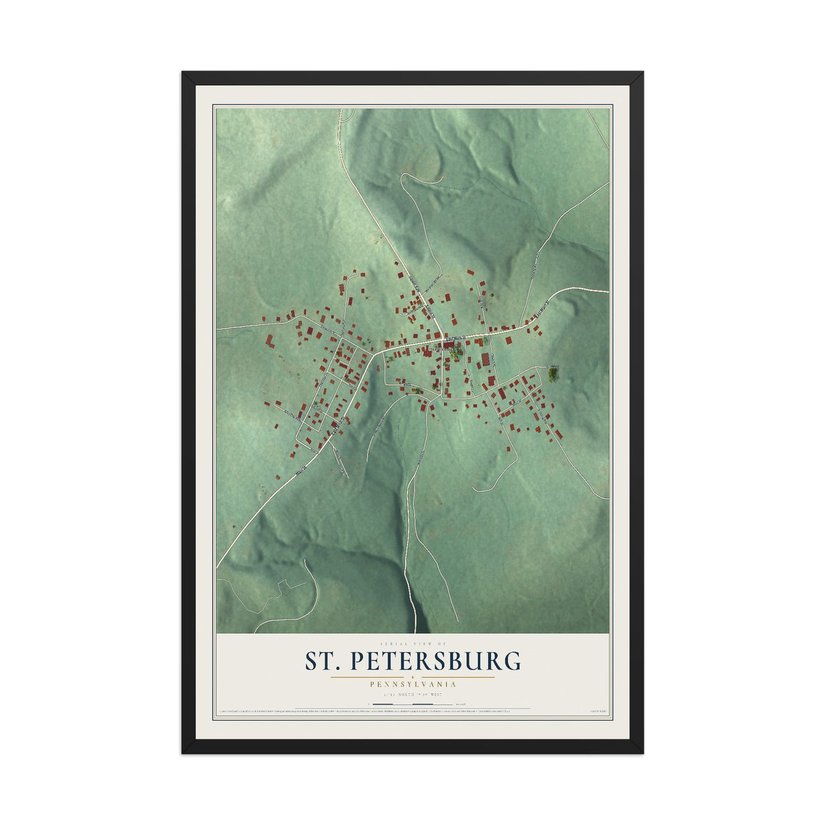Map of St. Petersburg, Pennsylvania, 12 x 18 inch print in a black wood frame