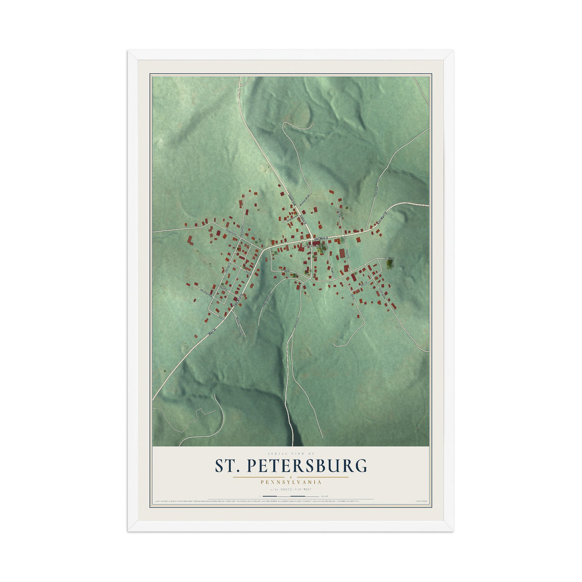 Map of St. Petersburg, Pennsylvania, 12 x 18 inch print in a white wood frame