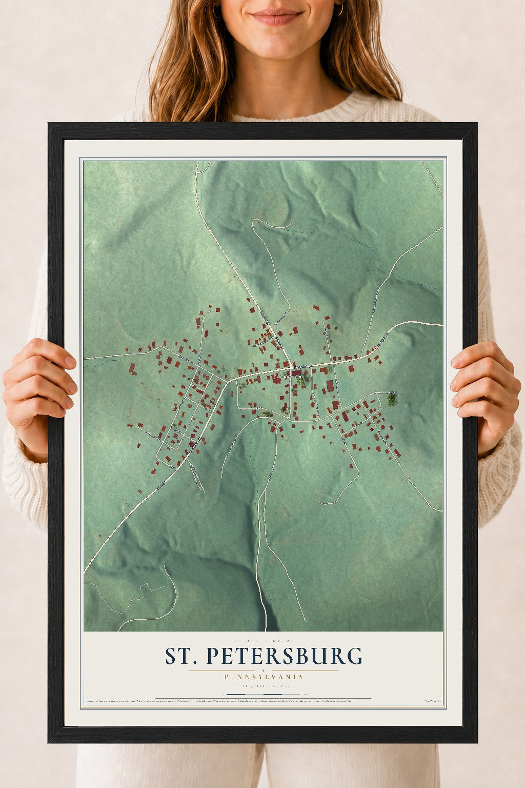 Map of St. Petersburg, Pennsylvania, 18 x 24 inch print in a black wood frame