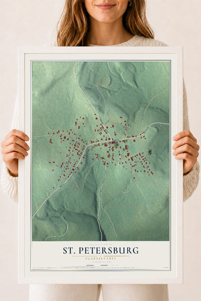 Map of St. Petersburg, Pennsylvania, 18 x 24 inch print in a white wood frame