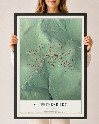Map of St. Petersburg, Pennsylvania, 24 x 36 inch print in a black wood frame