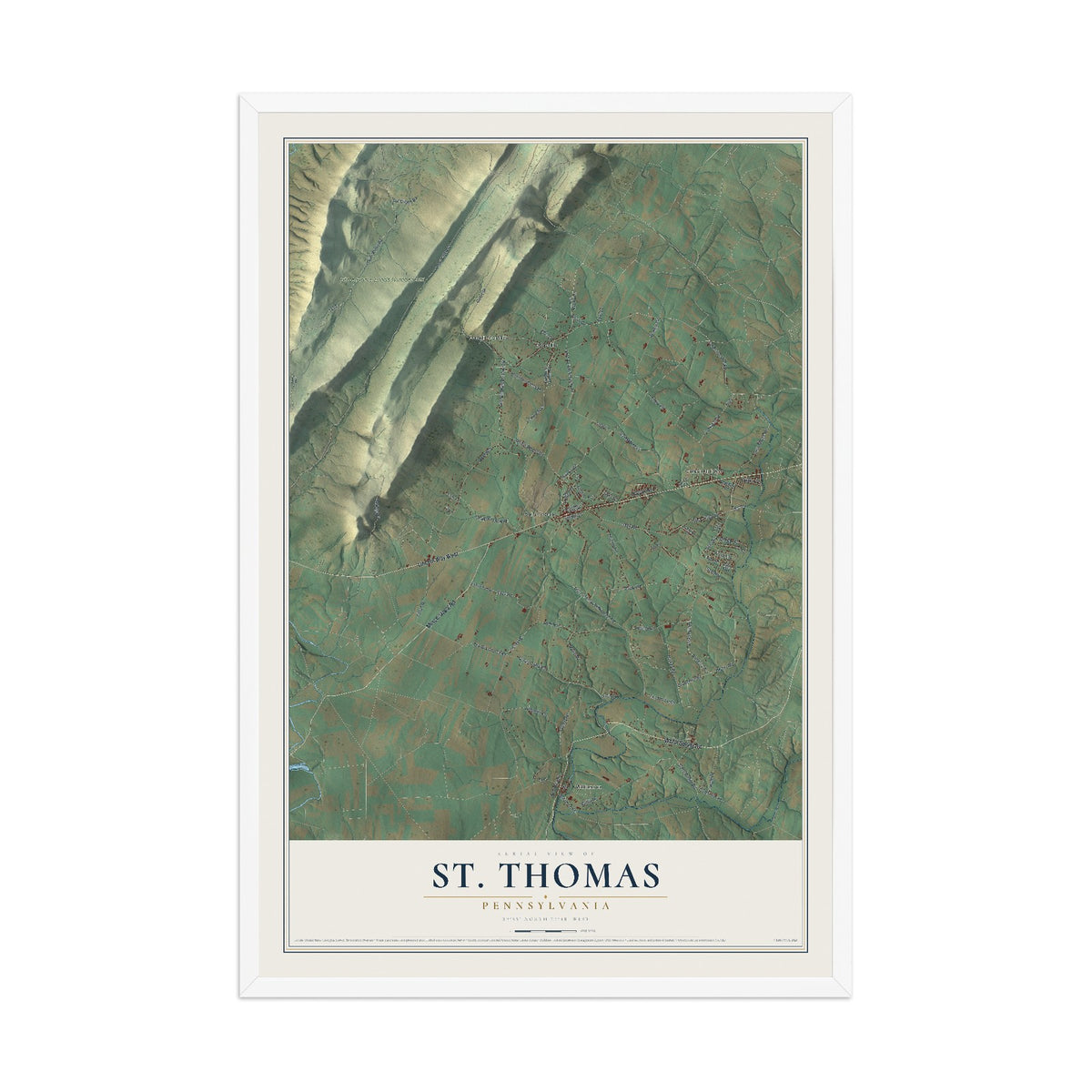 Map of St. Thomas, Pennsylvania, 12 x 18 inch print in a white wood frame