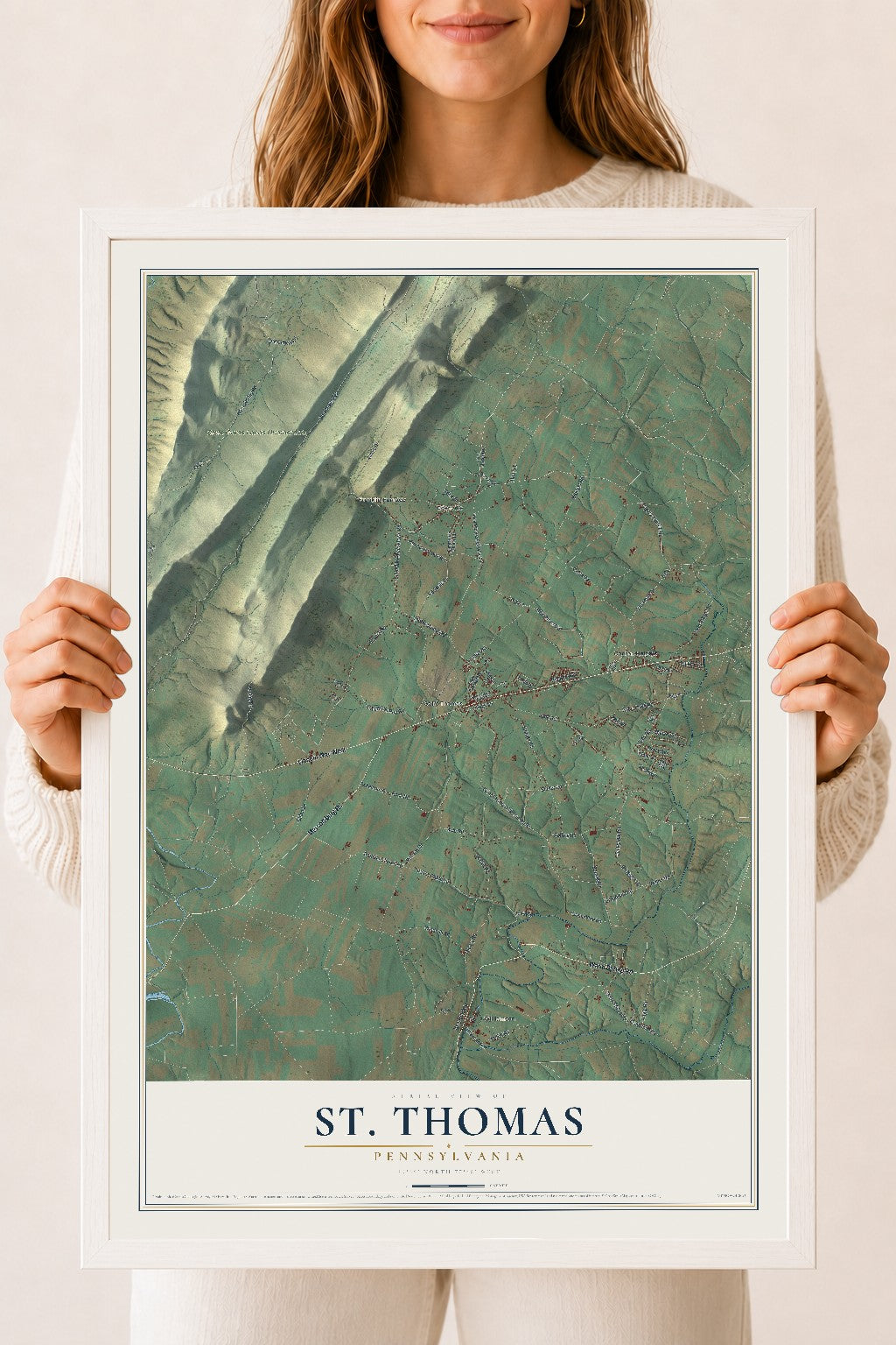 Map of St. Thomas, Pennsylvania, 18 x 24 inch print in a white wood frame