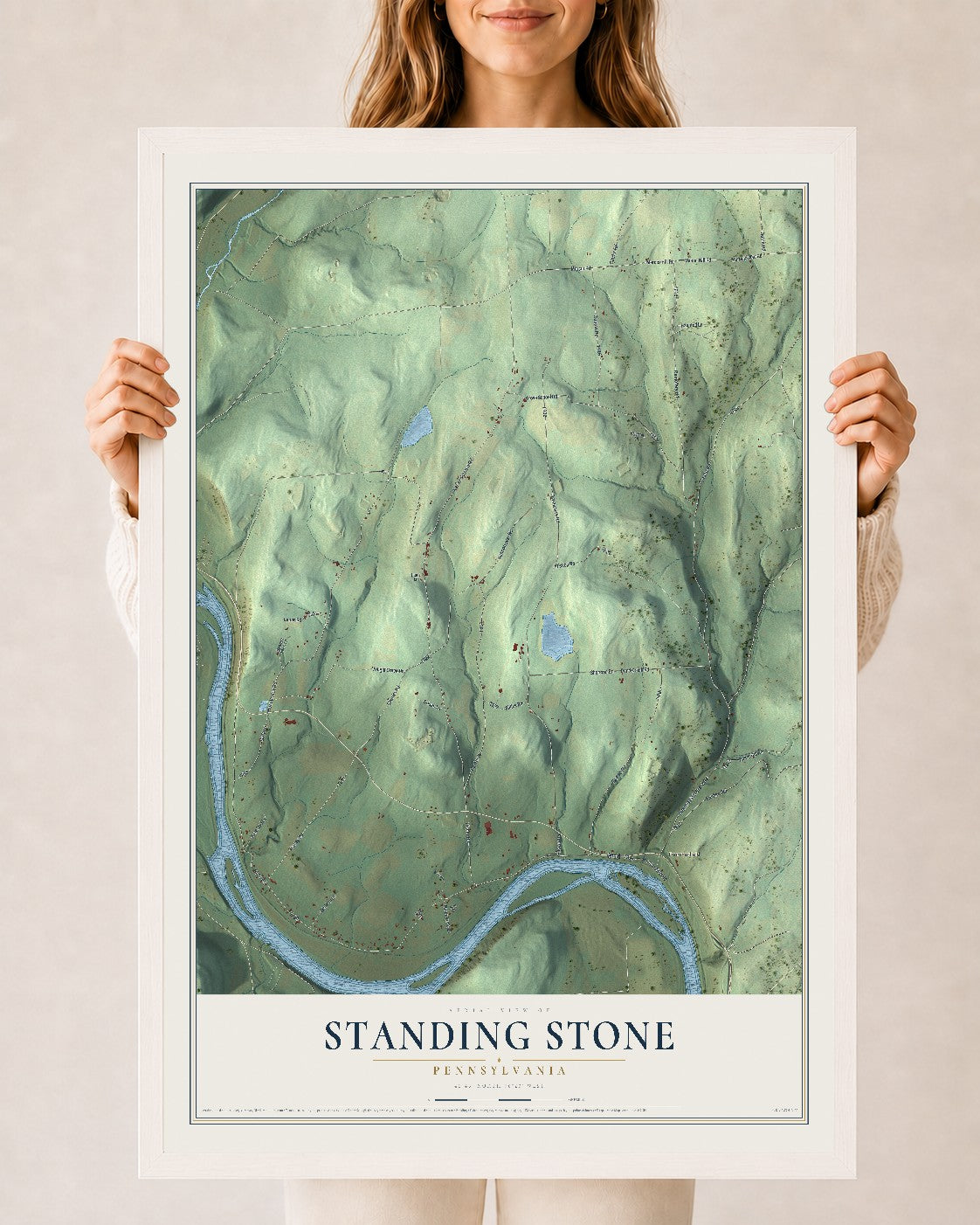 Map of Standing Stone, Pennsylvania, 24 x 36 inch print in a white wood frame
