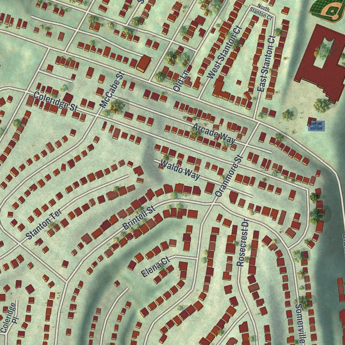 Close-up of the map of Stanton Heights, Pennsylvania print showing street and building detail