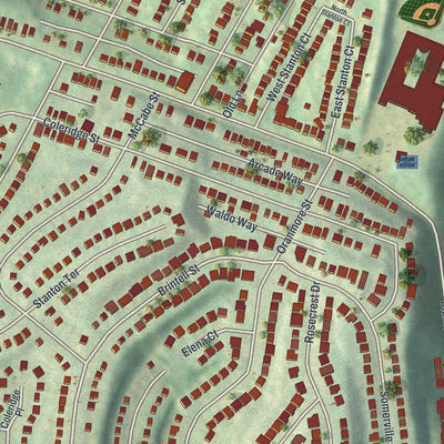Close-up of the map of Stanton Heights, Pennsylvania print showing street and building detail