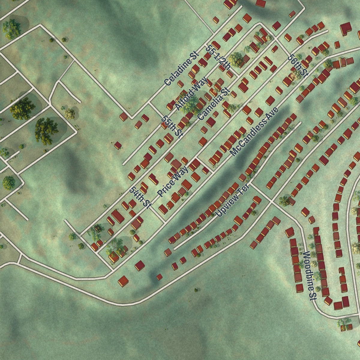 Second close-up of the map of Stanton Heights, Pennsylvania print showing more streets and buildings