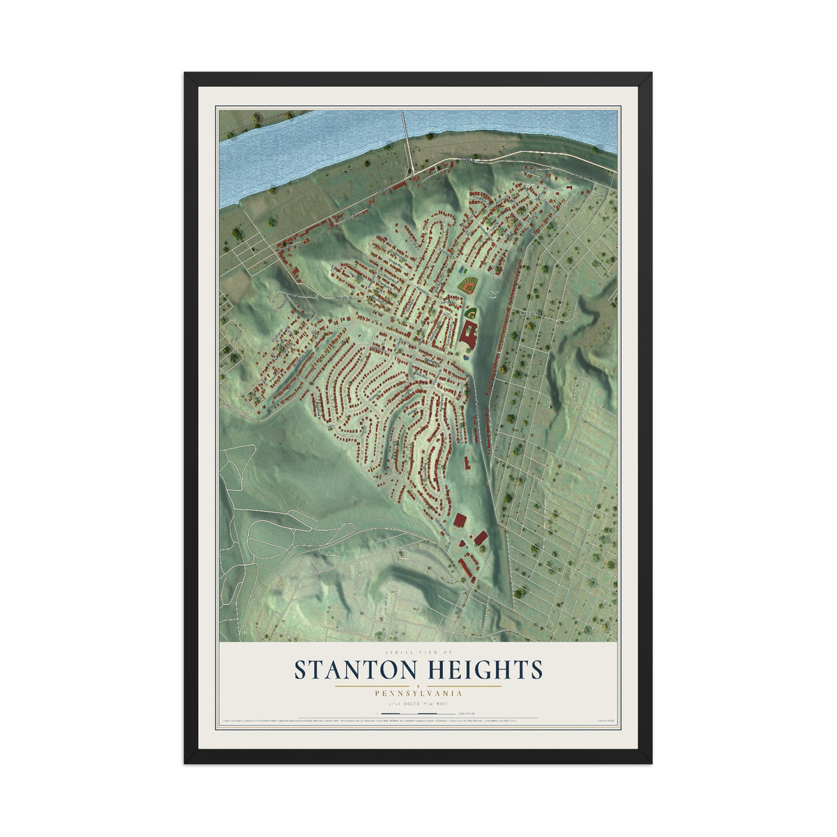 Map of Stanton Heights, Pennsylvania, 12 x 18 inch print in a black wood frame