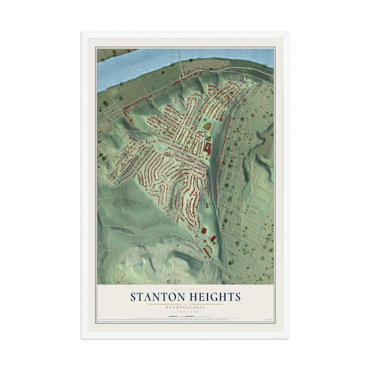 Map of Stanton Heights, Pennsylvania, 12 x 18 inch print in a white wood frame