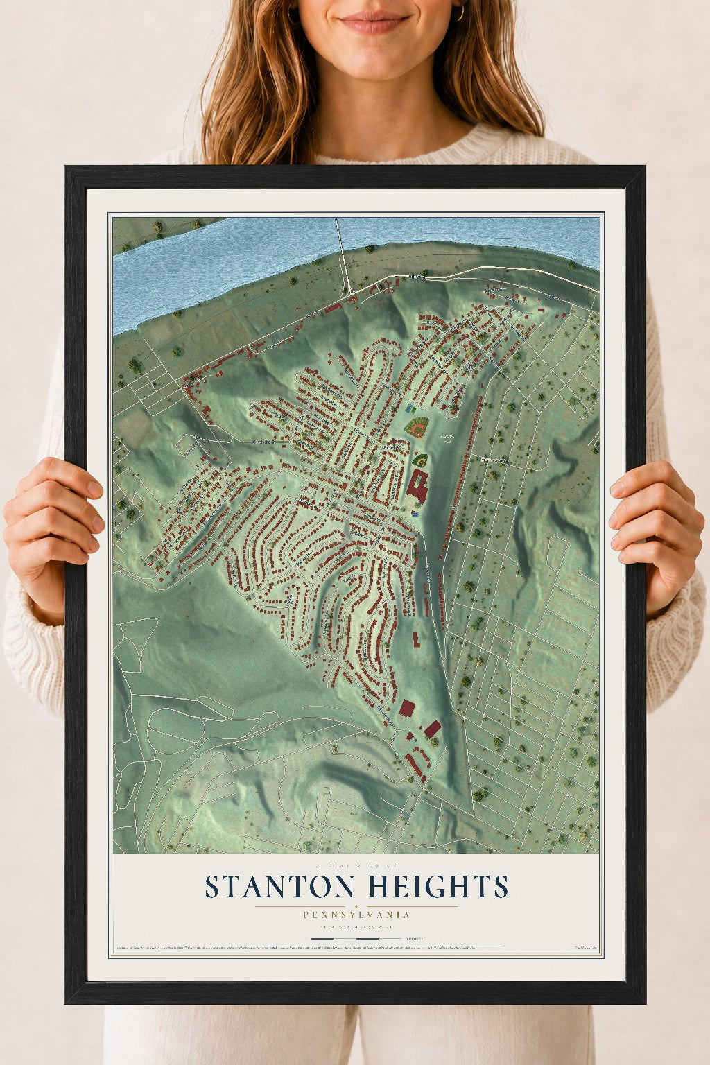 Map of Stanton Heights, Pennsylvania, 18 x 24 inch print in a black wood frame
