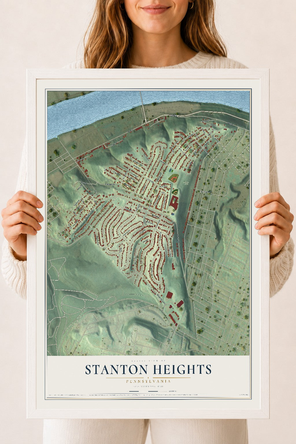 Map of Stanton Heights, Pennsylvania, 18 x 24 inch print in a white wood frame