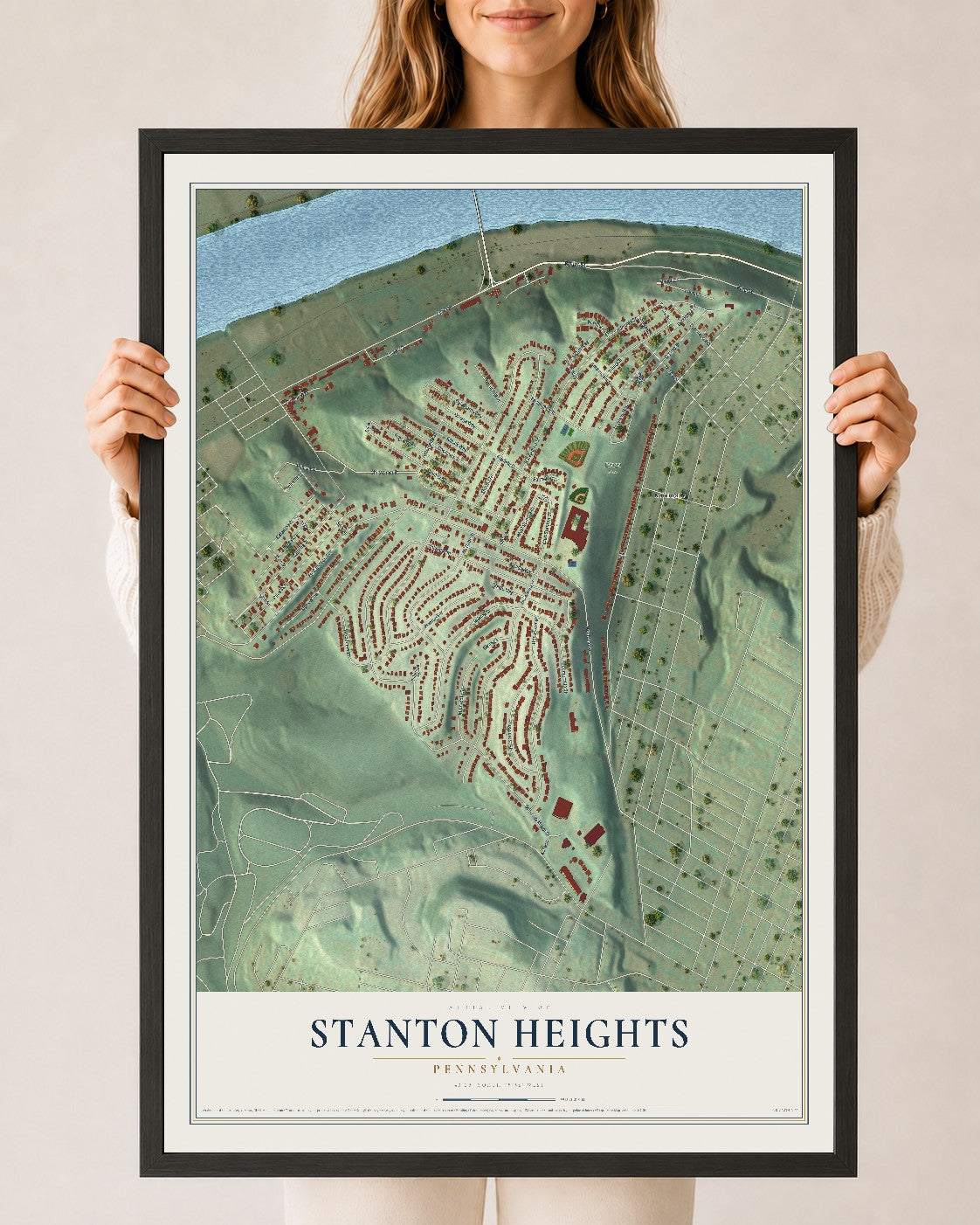 Map of Stanton Heights, Pennsylvania, 24 x 36 inch print in a black wood frame