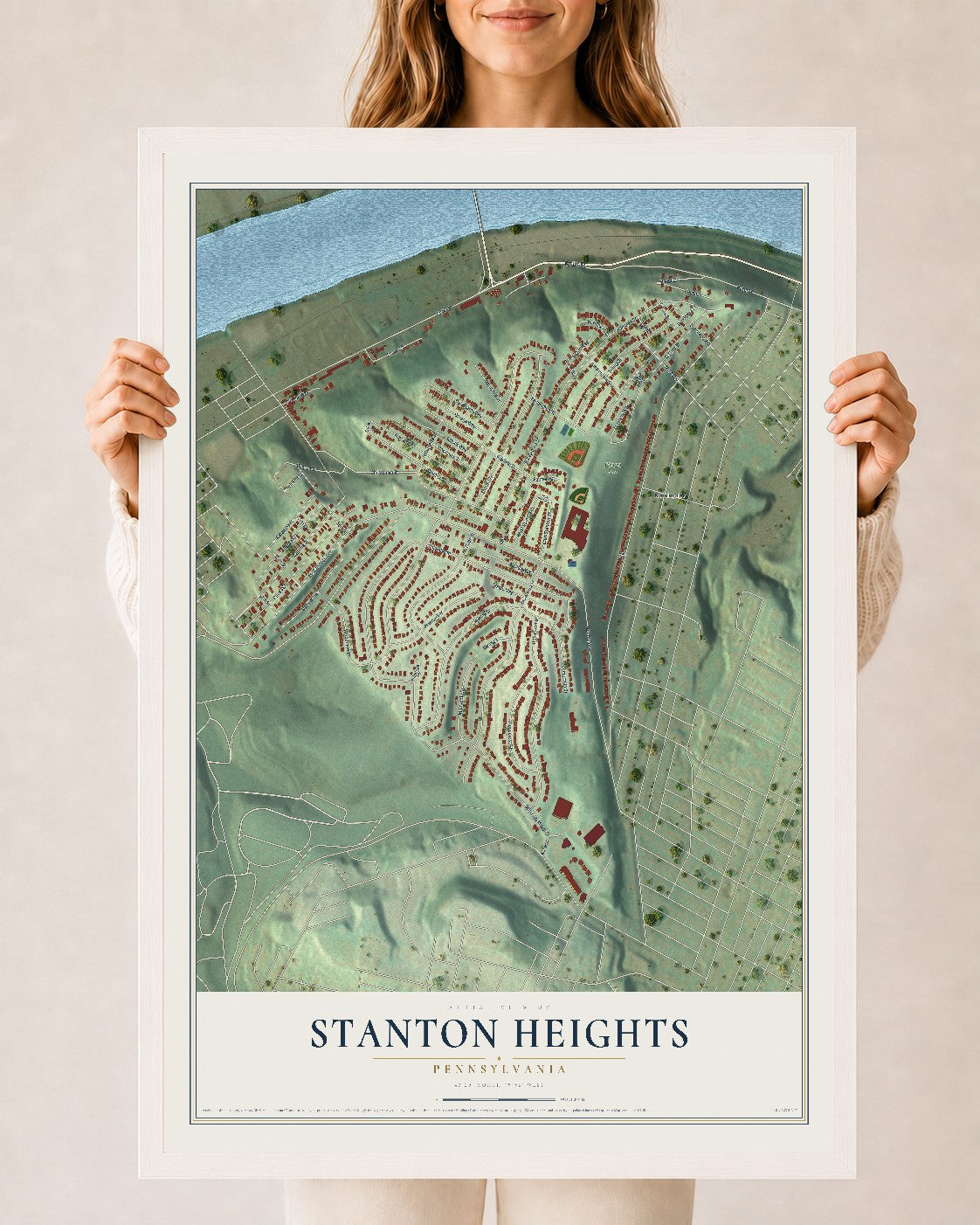 Map of Stanton Heights, Pennsylvania, 24 x 36 inch print in a white wood frame