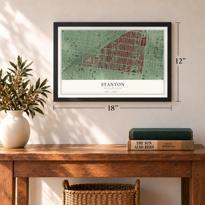 Stanton, Pennsylvania map, 12 x 18 inch print in a black frame in an entryway