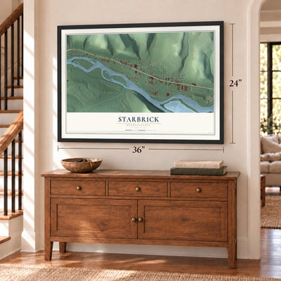 Starbrick, Pennsylvania map, 24 x 36 inch print in a black frame above a dresser by a staircase