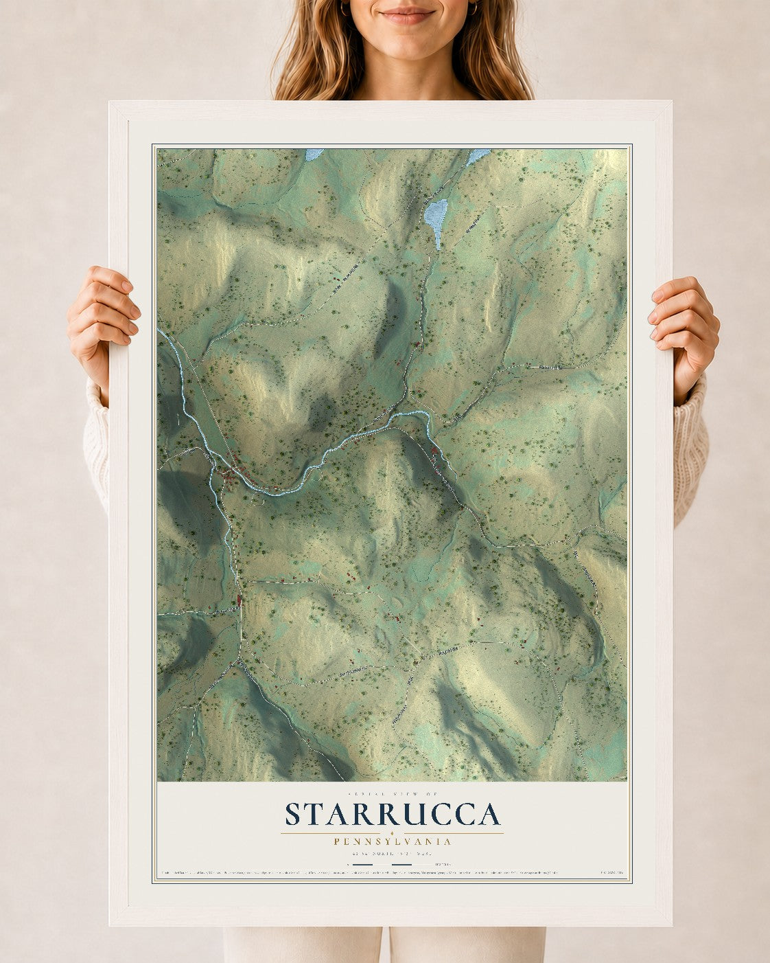 Map of Starrucca, Pennsylvania, 24 x 36 inch print in a white wood frame